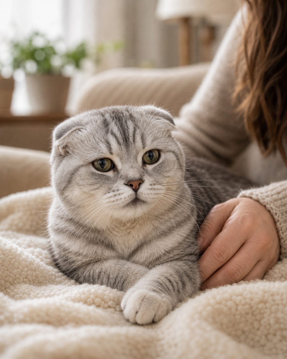 Шотландская кошка спокойно лежит дома на пледе
